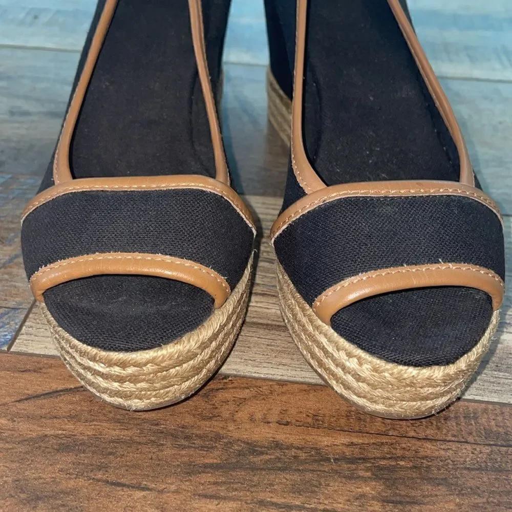 Tory Burch Black & Brown Majorca Espadrille Peep Toe Wedge